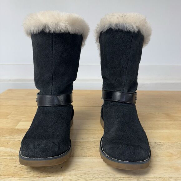 UGG Nessa Black Suede Boots Fur Trim Buckle Warm Kids School Comfy Zip size 2 - Picture 2 of 12